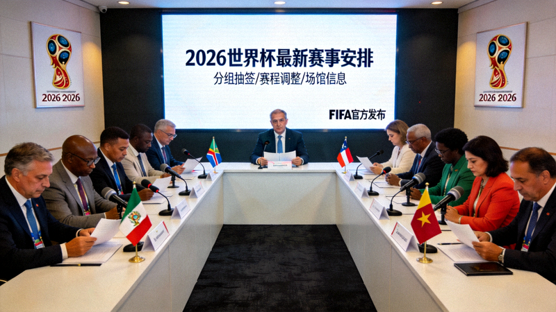 2026世界杯官方新闻发布会现场，FIFA官员与各国代表齐聚，公布最新赛事安排